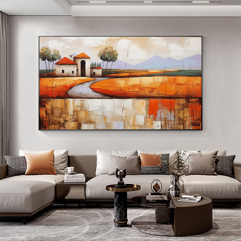 dropship Hand Painted Oil Painting Abstract Village Oil Painting on Canvas Large Wall Art Original Minimalist Orange Landscape Art Custom Painting Boho Living Room Decor
