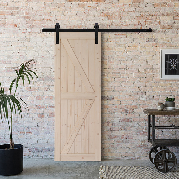 dropship 30 in. x 84 in. Unfinished Sliding Barn Door with 5.5FT Barn Door Hardware Kit & Handle ; K Frame; Solid Spruce Wood; Requires Simple DIY Assembly