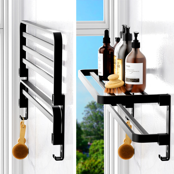 dropship Towel Racks for Bathroom Wall Mounted,23.6" Foldable Towel Holder with Two Towel Bars and Hooks, for Bathroom Lavatory Hotels Apartments Dormitories Makeup Rooms Vanity Room - Black