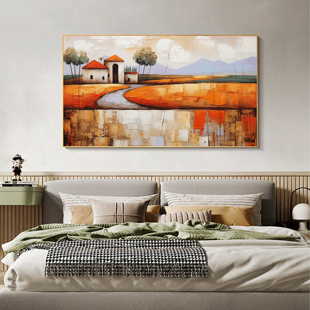 dropship Hand Painted Oil Painting Abstract Village Oil Painting on Canvas Large Wall Art Original Minimalist Orange Landscape Art Custom Painting Boho Living Room Decor