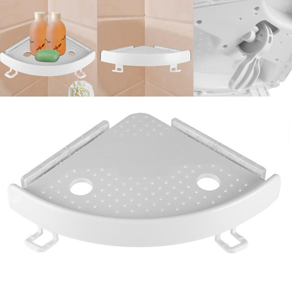 dropship Bathroom Wall Corner Shelf Organizer; Kitchen Corner Storage Rack Non-Marking Shelf with Hooks; Easy to Install (White; One Size)