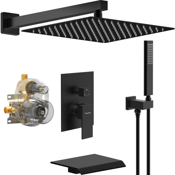 dropship Male NPT Waterfall Tub and Shower Faucet Set, Suntisbo 10-Inch Matte Black Rain Shower System