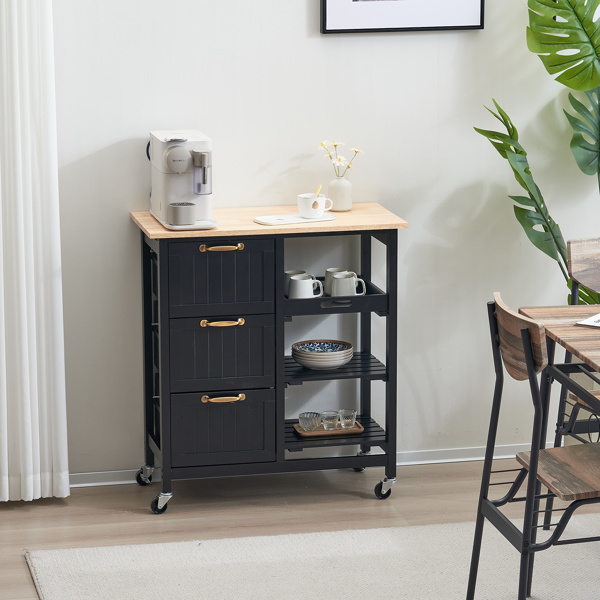 dropship 76*37*84cm Three Drawers Three Layers Bronze Color Handle Rubber Wood Log Color Table Top Black Spray Paint Dining Car
