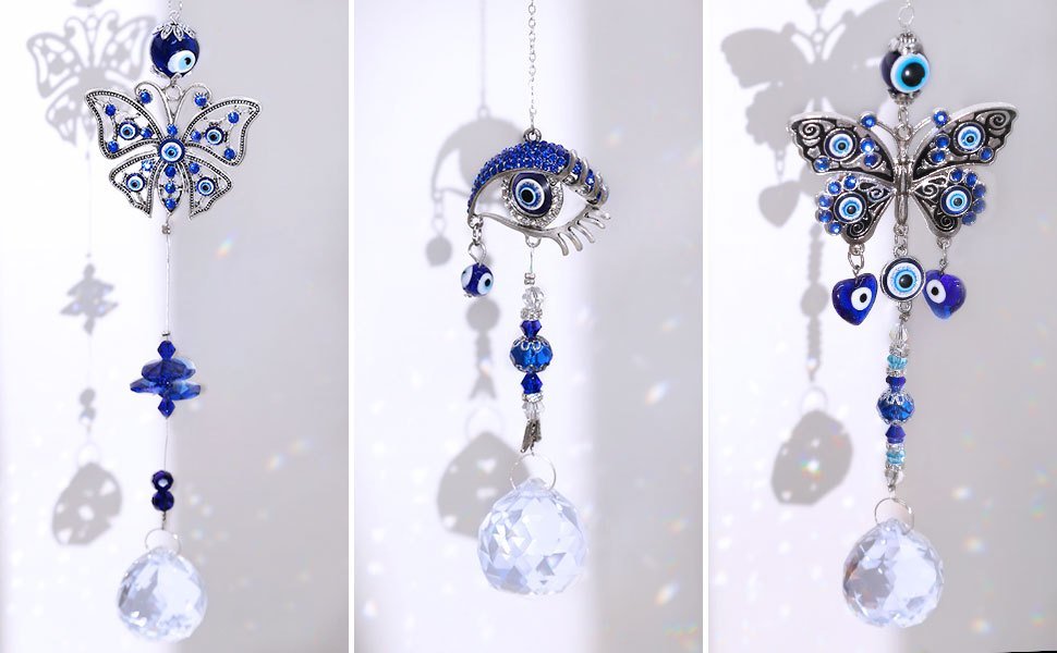 dropship 1pc Blue Butterfly Evil Eye Crystal Sun Catcher - Indoor Window Suncatcher with Prism Ball - Rainbow Maker for Good Luck and Hanging Ornament for Home, Garden, Office, Car - Wedding Pendant