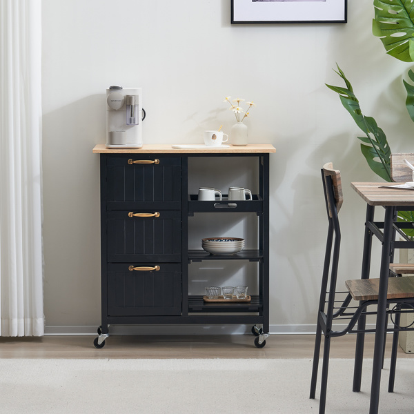 dropship 76*37*84cm Three Drawers Three Layers Bronze Color Handle Rubber Wood Log Color Table Top Black Spray Paint Dining Car