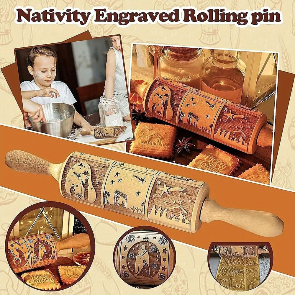 dropship 1pc Embossing Rolling Pin Christmas Pattern Xmas Wooden 3D Engraved Nativity With Jesus 9 Different Pattern Design For Baking Cookies