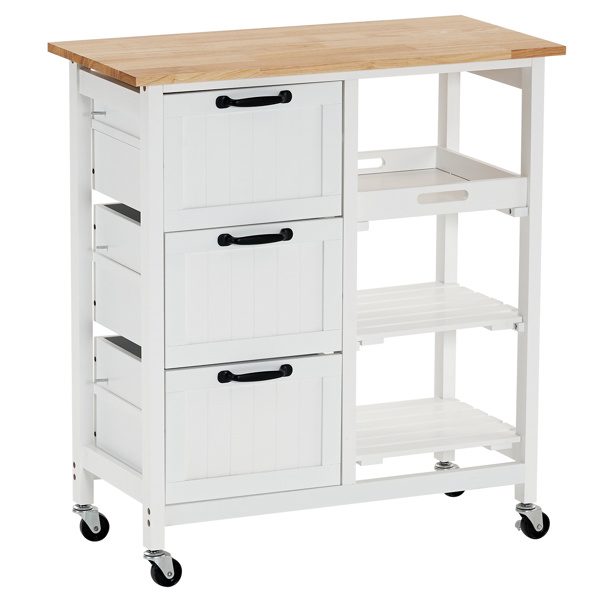 dropship 76*37*84cm Three Drawers Three Layers Black Handle Rubber Wood Log Color Table White Spray Paint Dining Car