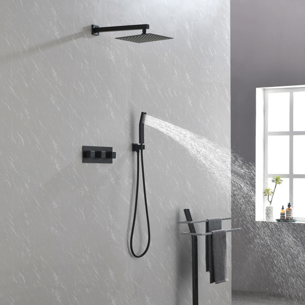 dropship Brass Matte Black Shower Faucet Set Shower System 10 Inch Rainfall Shower Head with Handheld Sprayer Bathroom Luxury Rain Mixer Combo