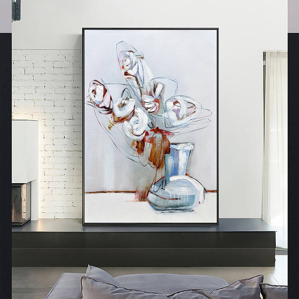 dropship Hand Painted Oil Painting Abstract White Flowers Oil Painting Large Original Floral Canvas Wall Art Modern Living Room Flower Painting Bedroom Decor
