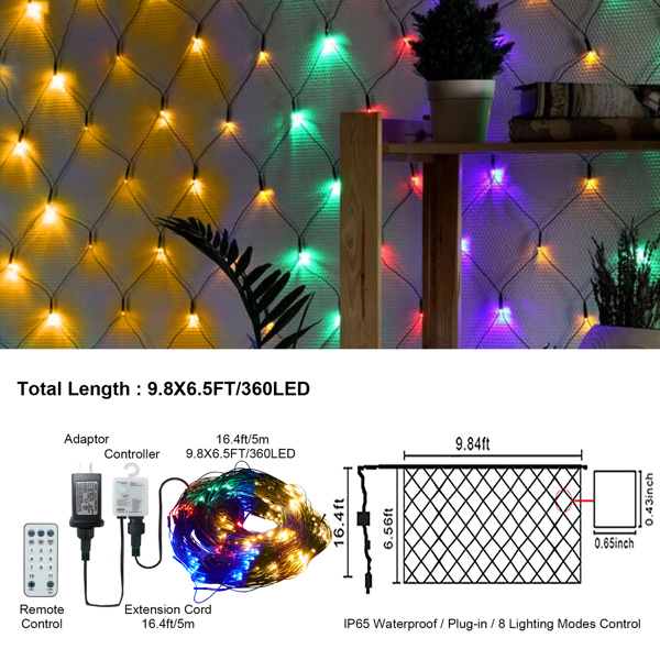 dropship 9.8*6.5FT Christmas Mesh Net Light,360 LED Net Light with 8 Modes&Remote,Connectable Net String Christmas Lights for Garden/Bushes/Indoor Outdoor/Curtain/Fairy/Wall/Party/Wedding/Xmas Tree Decorations