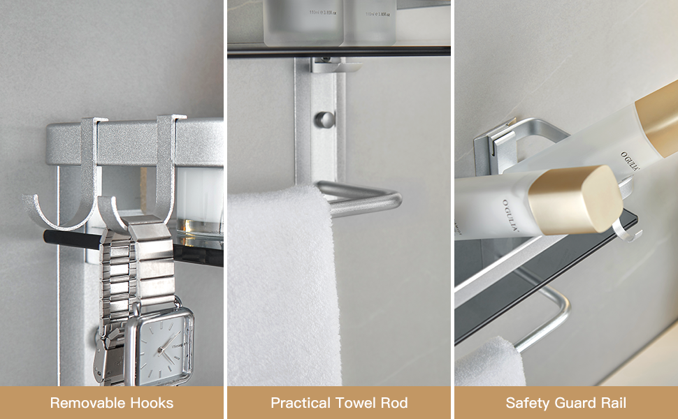 dropship Glass Shelf for Bathroom 15.7 in Bathroom Shelves with Towel Bar Tempered Glass Shelves with 4 Removable Hooks for Wall(2 Tier)