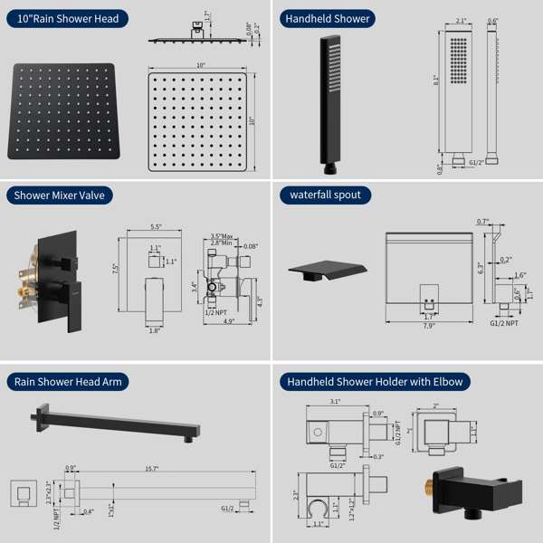 dropship Male NPT Shower Faucet Set, Waterfall Shower System for Bathroom, High Pressure 10" Rain Shower Head and Handheld Shower Spray, Wall Mount Tub Faucet Shower Valve with Trim and Diverter, Matte Black