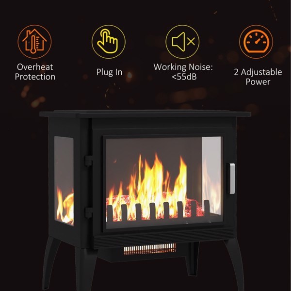 dropship 1000W/1500W 24" Electric Fireplace Stove, Freestanding Fireplace Heater with Realistic Flame, Adjustable Temperature, Black-AS