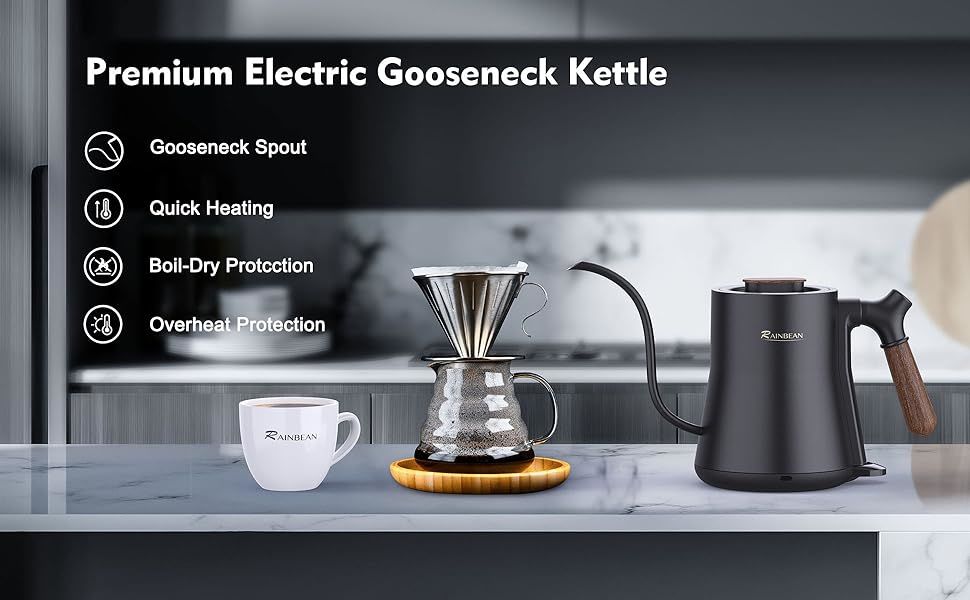 dropship Gooseneck Electric Kettle, Pour Over Coffee Kettle & Tea Kettle, 100% Stainless Steel Inner With Leak Proof Design, 1000w Rapid Heating, Auto Shutoff Anti-dry Protection, 0.8L, Matte Black