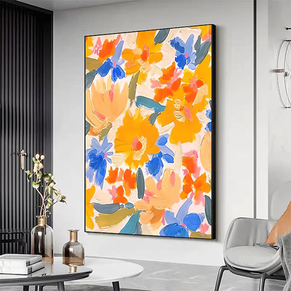 dropship Handmade Oil Painting Canvas Wall Art Decor Original Orange Flower Painting Abstract Floral Painting Living Room Hallway Bedroom Luxurious Decorative Painting