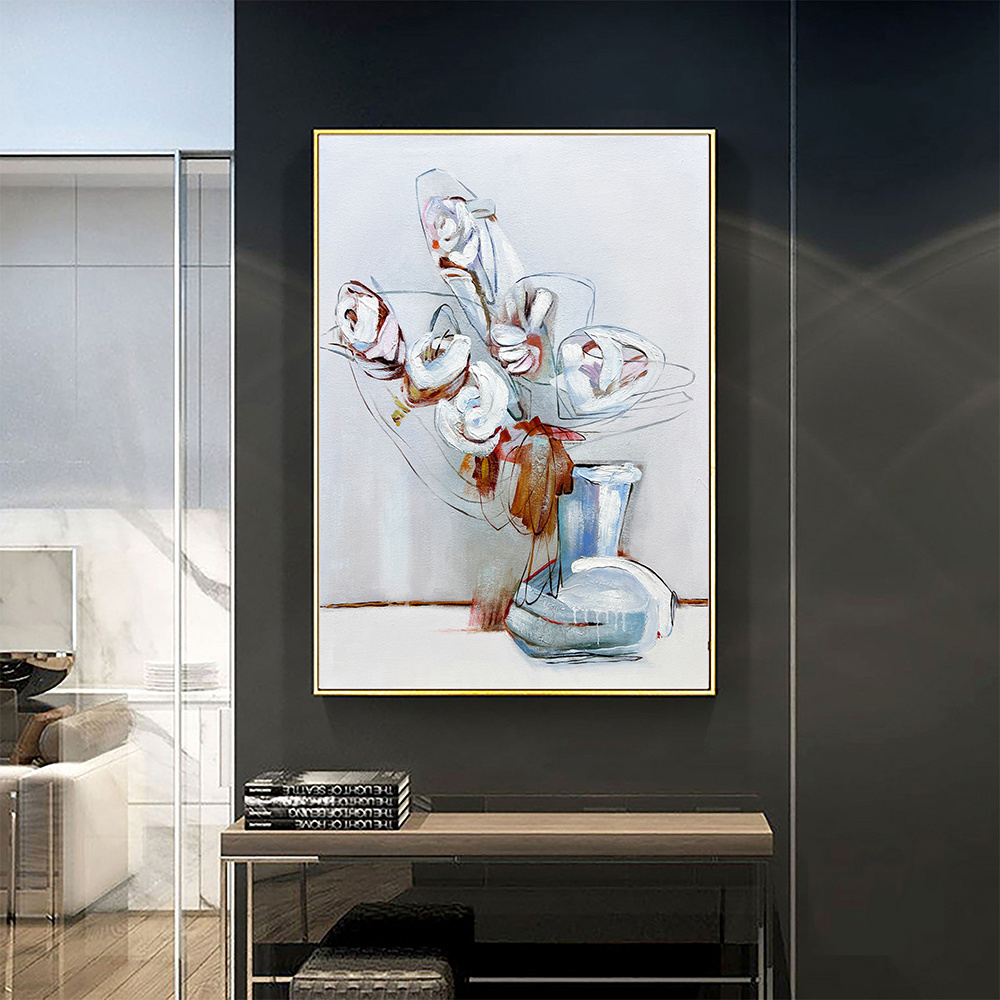 dropship Hand Painted Oil Painting Abstract White Flowers Oil Painting Large Original Floral Canvas Wall Art Modern Living Room Flower Painting Bedroom Decor
