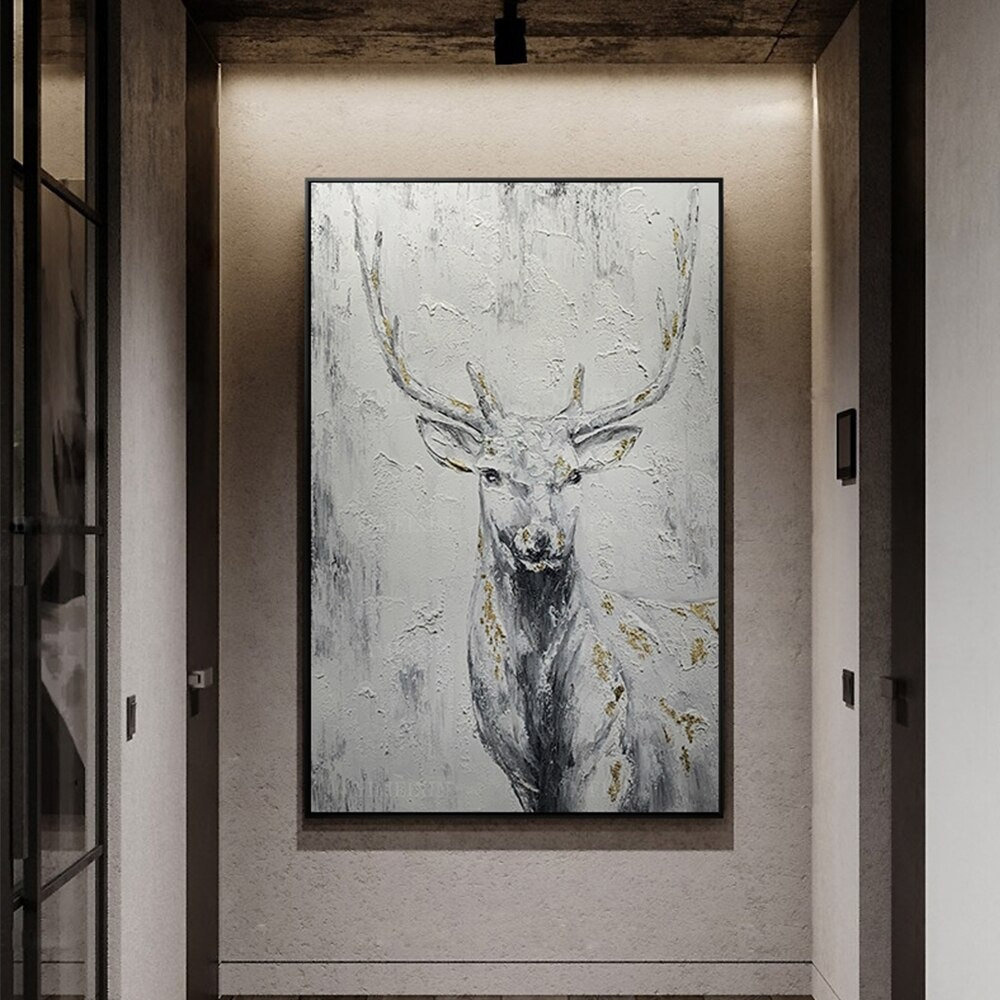 dropship Hand Painted Oil Painting Hand Painted Rich Deer Oil Painting On Canvas Animal Pattern Decorative Painting Classical Porch Mural Handmade Art Living Room Luxurious Decorative Painting