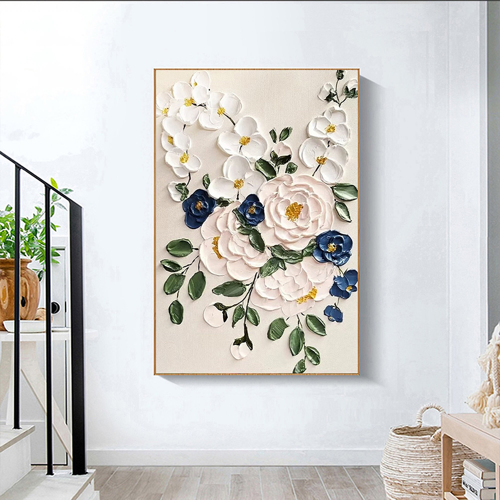 dropship Hand Painted Oil Paintings Large Original Oil Painting White Flower Decor Abstract Wall Art Hand Paint Palette Knife Painting Heavy Textured Painting Living Room Art