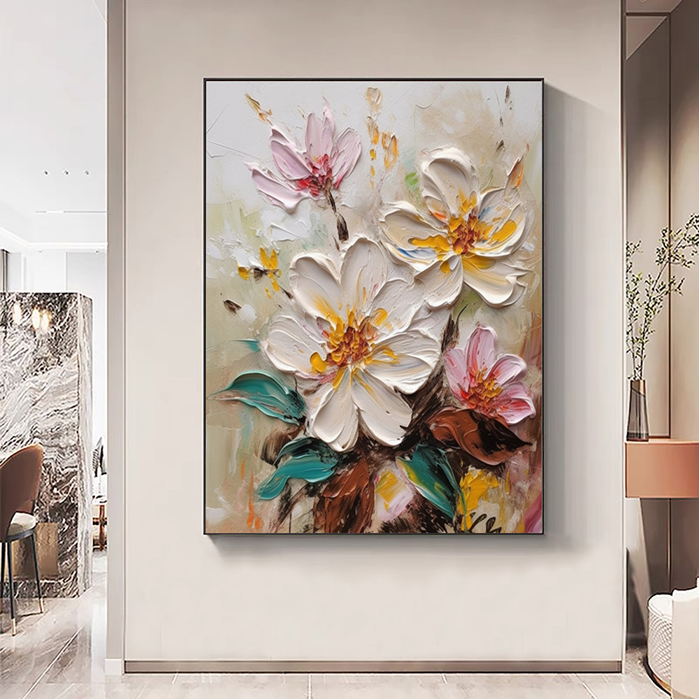 dropship Hand Painted Oil Painting Abstract Blooming Flower Oil Painting Large Wall Art Original Knife Floral Painting Textured Wall Art Boho Art Modern Living Room Decor