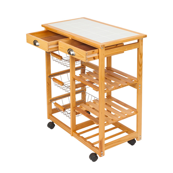 dropship Kitchen & Dining Room Cart 2-Drawer Removable Storage Rack with Rolling Wheels Wood Color