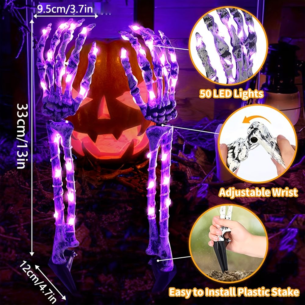 dropship Light Up Your Halloween with 2pcs Life-Size Skeleton Hands & 50 Purple LED Lights!