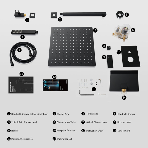 dropship Male NPT Bathtub Shower Faucet Set, Waterfall Tub Faucet with 12-Inch Matte Black Rain Shower Head System
