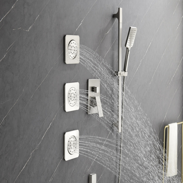 dropship Shower System with Shower Head, Hand Shower, Slide Bar, Bodysprays, Shower Arm, Hose, Valve Trim, and Lever Handles