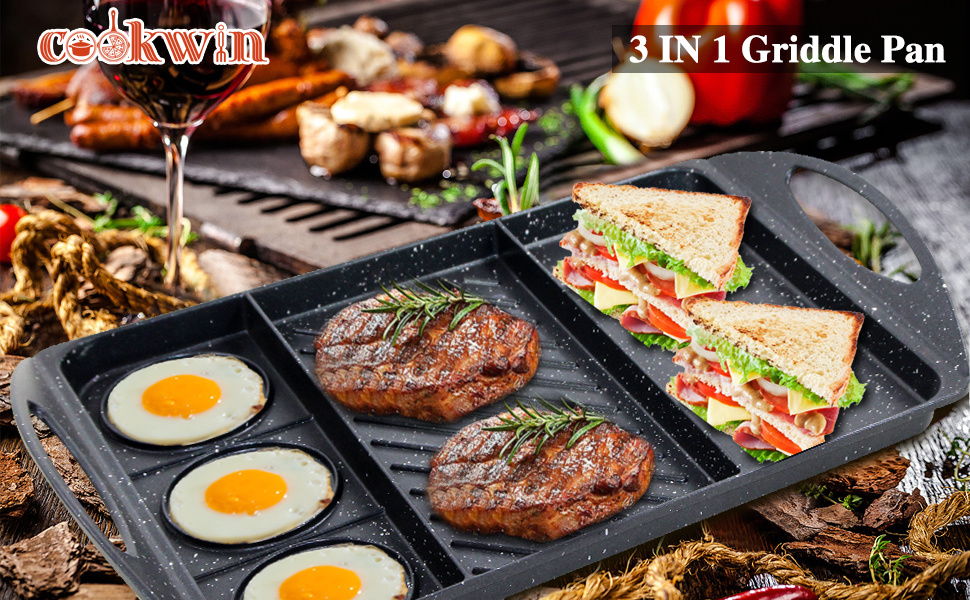 dropship 3 in 1 Flat Top Grill Griddle,Griddle Pan for Stove Top Double Burner Grill,Aluminum Pancake Griddle,Non-Stick Top Griddle Grill Compatible with All Stoves,Griddle For Camping/Indoor,Dishwasher Safe