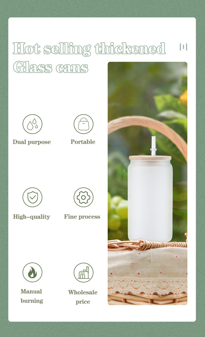dropship 25PCS US stocked 16oz Sublimation Beer Can Shaped Glass Can with Bamboo Lid and Straw