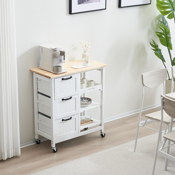 dropship 76*37*84cm Three Drawers Three Layers Black Handle Rubber Wood Log Color Table White Spray Paint Dining Car