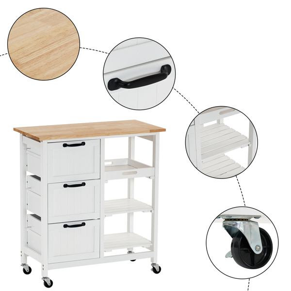 dropship 76*37*84cm Three Drawers Three Layers Black Handle Rubber Wood Log Color Table White Spray Paint Dining Car