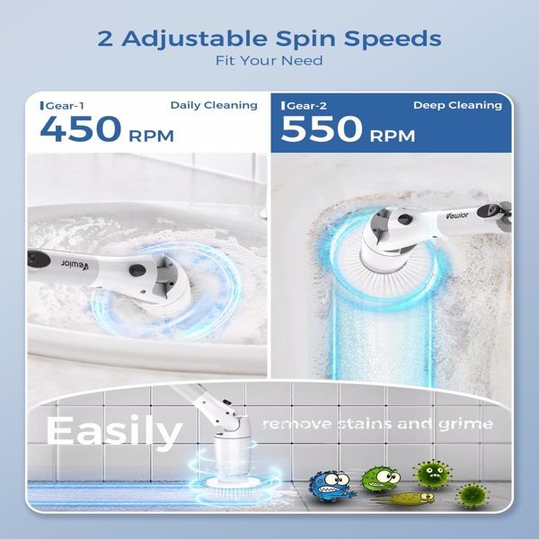 dropship VEWIOR Electric Spin Scrubber, Cordless Cleaning Brush with Display and 3 Adjustable Angle 2 Speeds 5 Replaceable Brush Heads, Power Shower Scrubber with Extension Handle for Floor Bathroom Tile Grout