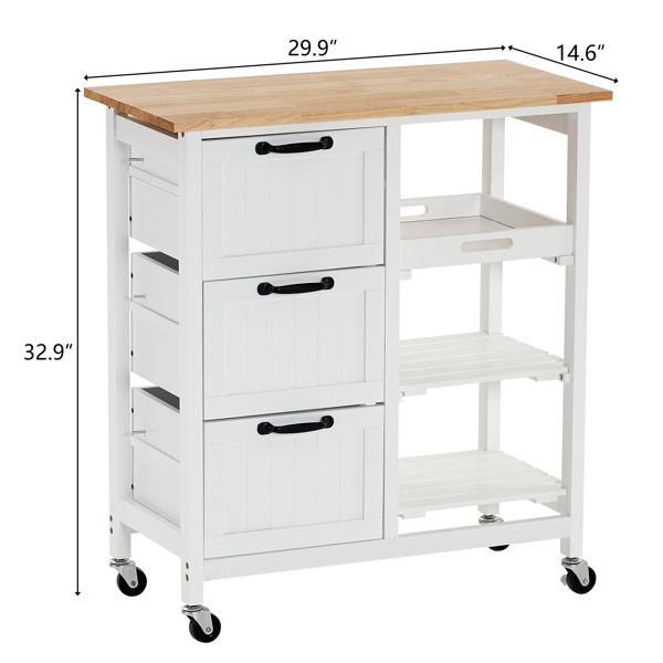 dropship 76*37*84cm Three Drawers Three Layers Black Handle Rubber Wood Log Color Table White Spray Paint Dining Car