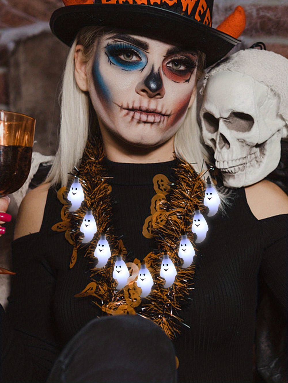 dropship 1pc, Halloween White Ghost Necklace Decor Light, Battery Operated, Fairy String Lights Decorative For Bedroom Party Wedding Autumn Harvest Hallowmas Decor Home Party (White)