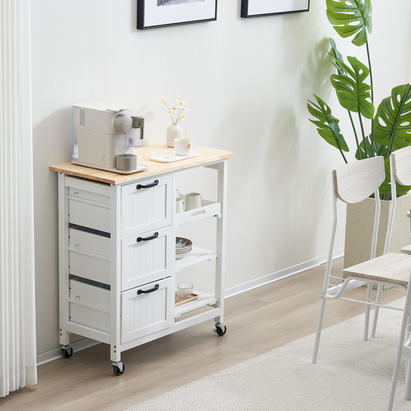 dropship 76*37*84cm Three Drawers Three Layers Black Handle Rubber Wood Log Color Table White Spray Paint Dining Car