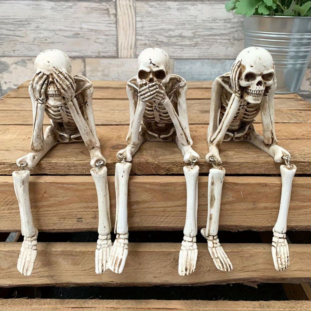 dropship 1pc Skull Statues Set, Resin Skeleton Shelf Sitters Sitting Figurines, For Home Bookshelf Table Ledge Edge Decorative, Crafts Ornaments,Halloween Don't Listen, Don't Look