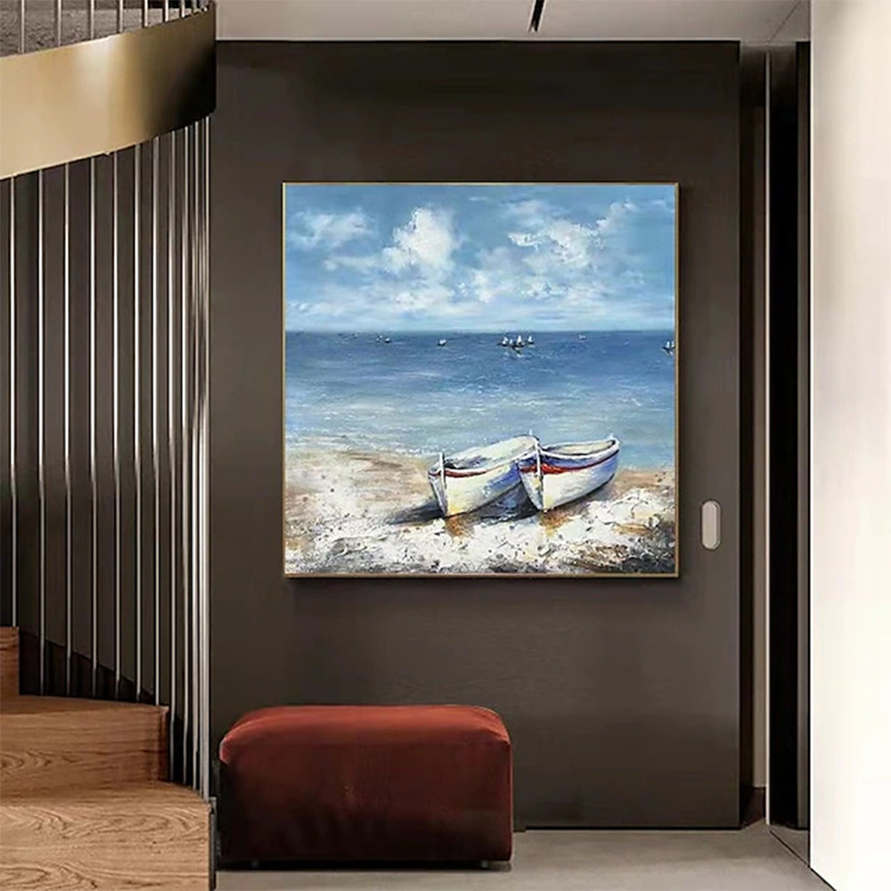dropship Hand Painted Oil Paintings Abstract Seascape Painting Boats On The Beach Living Room Hallway Luxurious Decorative Painting