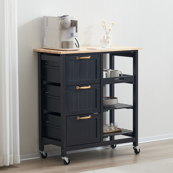 dropship 76*37*84cm Three Drawers Three Layers Bronze Color Handle Rubber Wood Log Color Table Top Black Spray Paint Dining Car