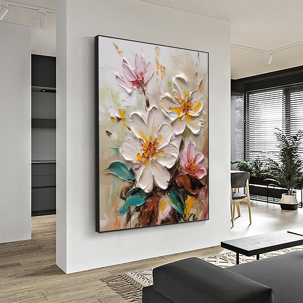 dropship Hand Painted Oil Painting Abstract Blooming Flower Oil Painting Large Wall Art Original Knife Floral Painting Textured Wall Art Boho Art Modern Living Room Decor