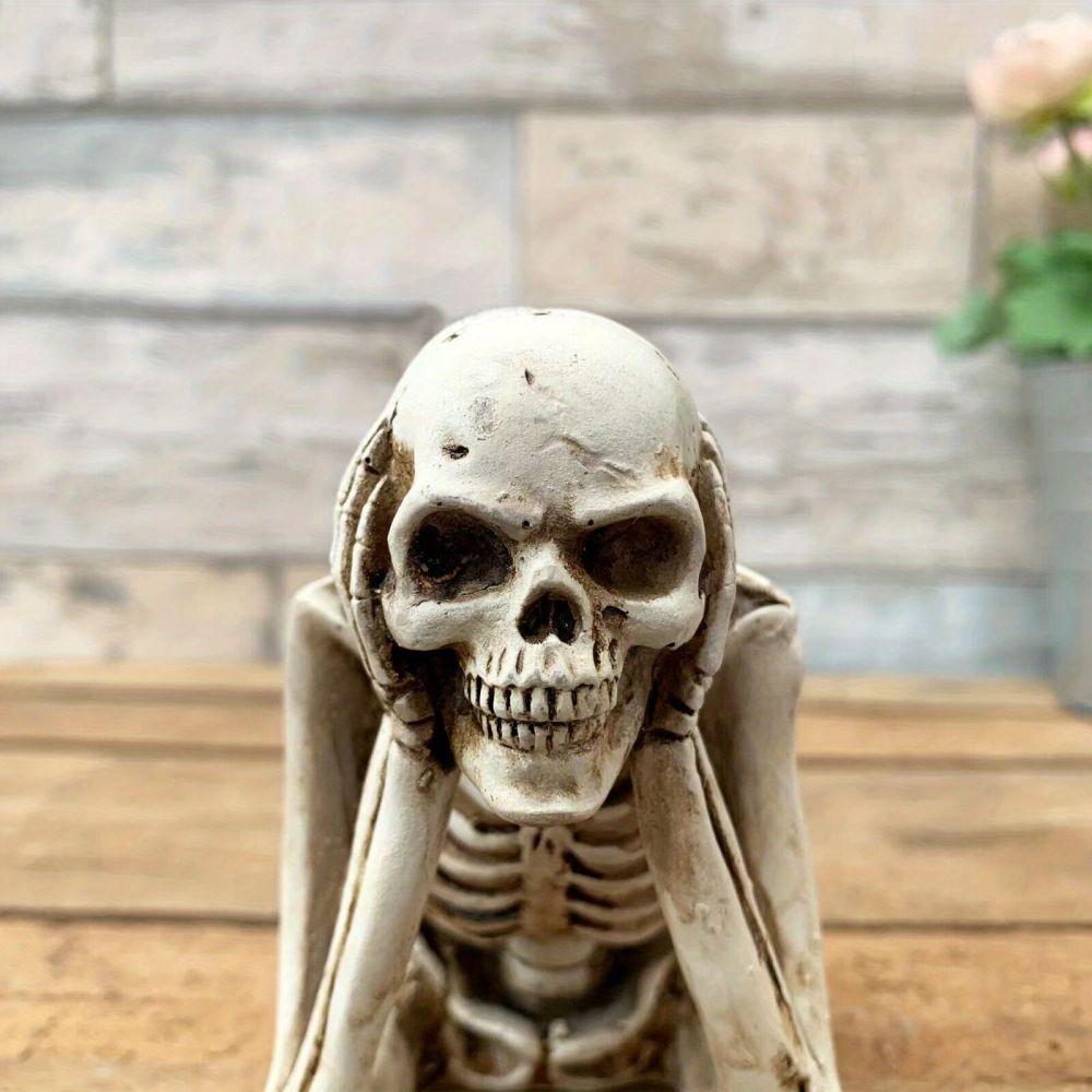 dropship 1pc Skull Statues Set, Resin Skeleton Shelf Sitters Sitting Figurines, For Home Bookshelf Table Ledge Edge Decorative, Crafts Ornaments,Halloween Don't Listen, Don't Look