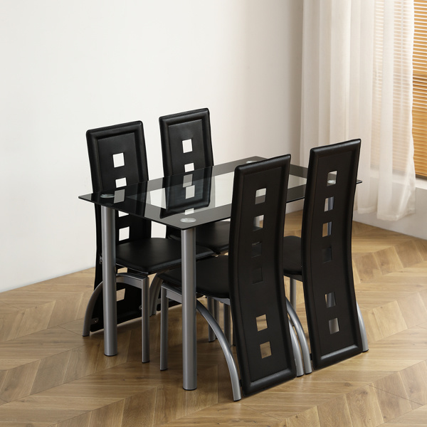 dropship 5 Pieces Dining Table Set for 4, Kitchen Room Tempered Glass Dining Table, 4 Chairs, Black, Table legs are silvery