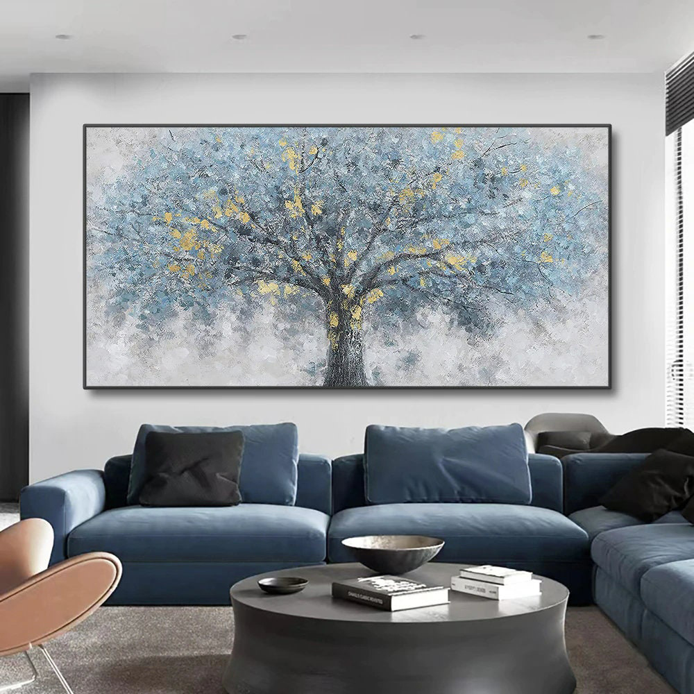 dropship Hand Painted Oil Painting Oil Painting on Canvas Tree Blue Abstract Trees Landscape Modern Oil Painting Original Hand Painted Painting Modern Art