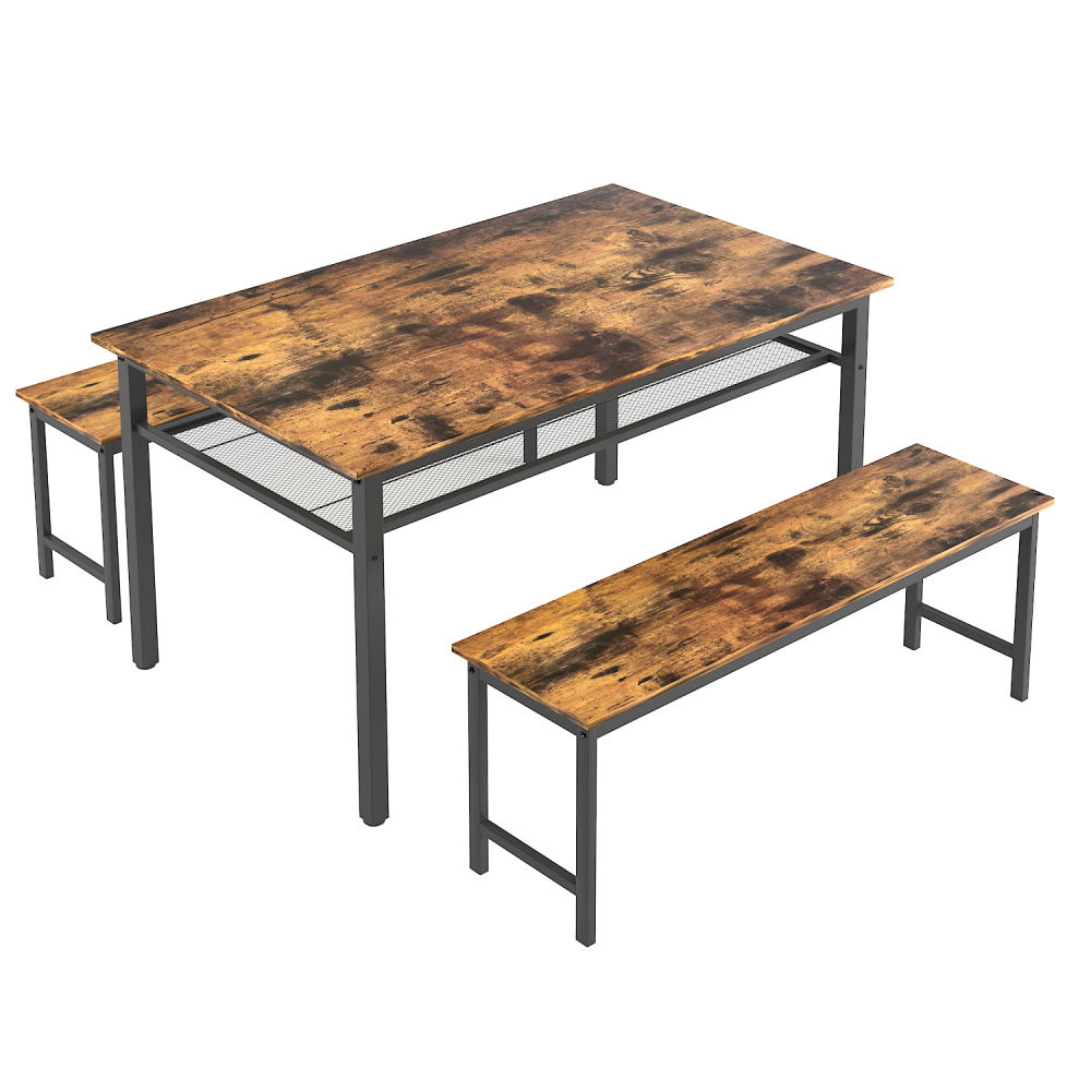 dropship 3 Pieces Farmhouse Kitchen Table Set with Two Benches, Metal Frame and MDF Board