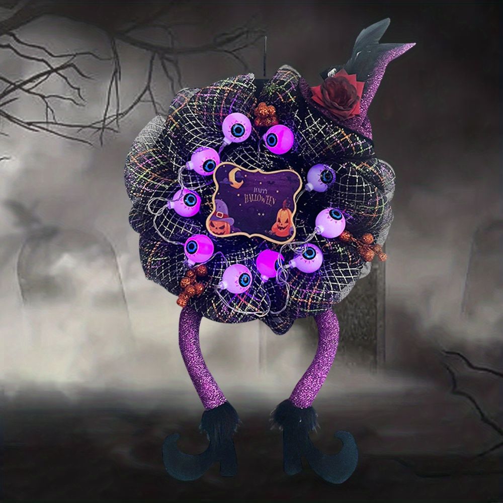 dropship 1pc Halloween Purple Wreath With Eye Beads Witch Hat & Leg Wreath Glow LED