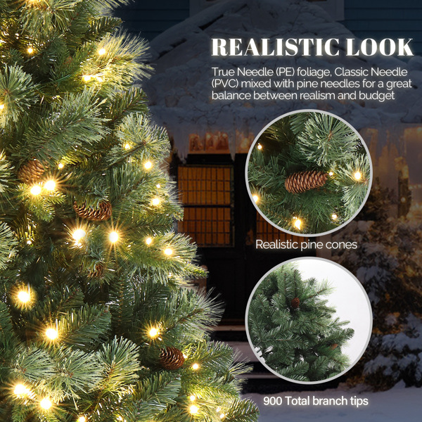 dropship 6ft Automatic Tree Structure PE PVC Material 500 Lights Warm Color 9 Modes With Remote Control 900 Branches With Pine Needles Christmas Tree Green