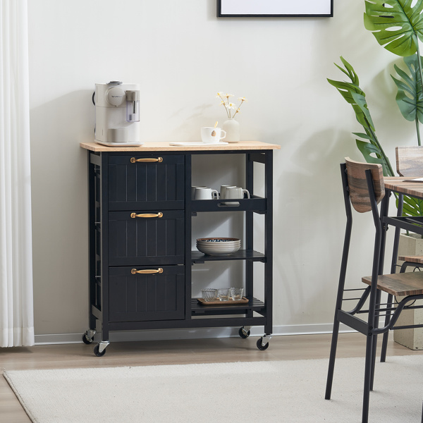 dropship 76*37*84cm Three Drawers Three Layers Bronze Color Handle Rubber Wood Log Color Table Top Black Spray Paint Dining Car