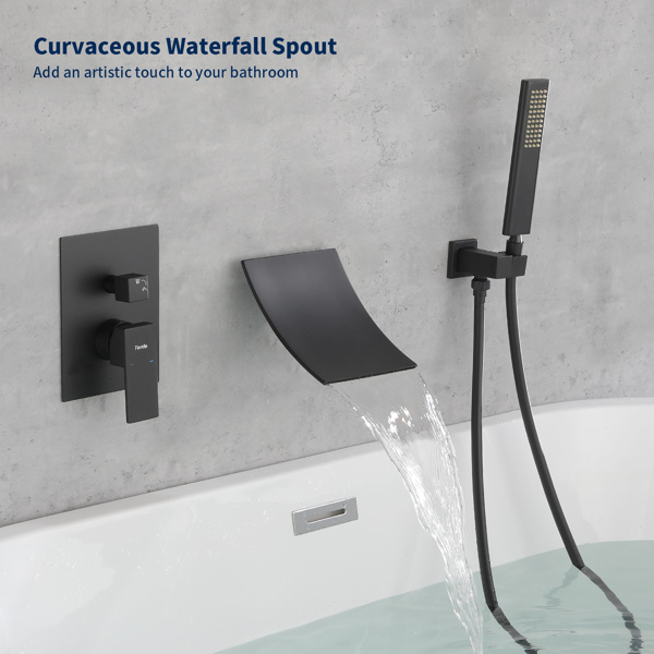 dropship Male NPT Waterfall Shower head with Handheld, Matte Black Bathtub Shower Faucet with High Flow Wall Mount Tub Faucet, Single Handle Bathroom Tub Mixer Tap Hand Shower System with Curved Spout Commerci
