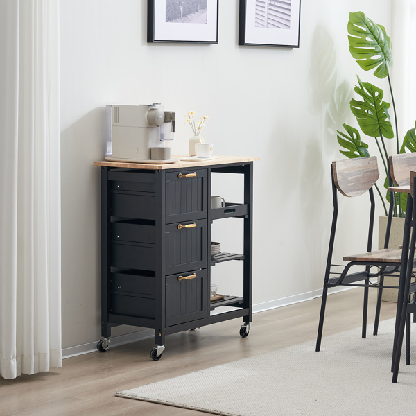 dropship 76*37*84cm Three Drawers Three Layers Bronze Color Handle Rubber Wood Log Color Table Top Black Spray Paint Dining Car