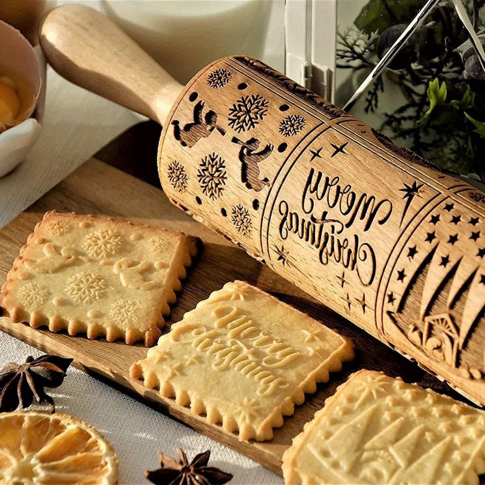 dropship 1pc Embossing Rolling Pin Christmas Pattern Xmas Wooden 3D Engraved Nativity With Jesus 9 Different Pattern Design For Baking Cookies