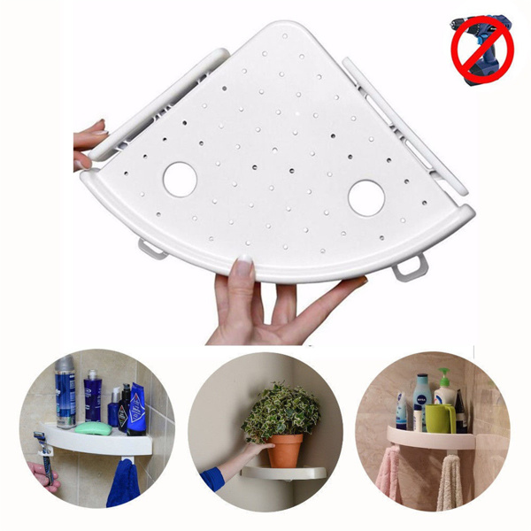 dropship Bathroom Wall Corner Shelf Organizer; Kitchen Corner Storage Rack Non-Marking Shelf with Hooks; Easy to Install (White; One Size)